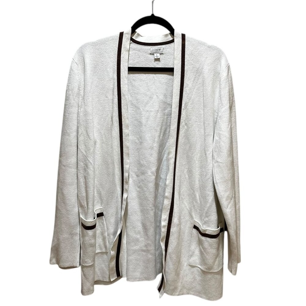 J. CREW Cardigan Open Front Sweater Coat White Tipped in Brown